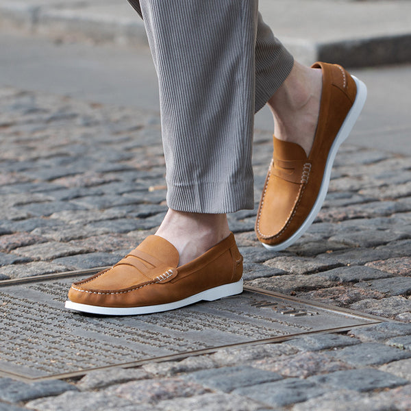 Premium Frosted Leather Men's Loafers - Dark Blue & Brown Options - Round Toe, Low Heel - Men's Fashion Footwear