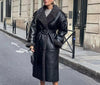 Chic Women's Faux Fur Belted Jacket with PU Leather Trimming, Sizes S, M, L. Versatile, elegant winter wear for women.