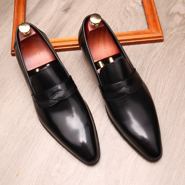 Men's Classy European Leather Loafers in Black, Wine Red, and Brown. Pointed toe design with a comfortable rubber sole. Sizes 36-45 for stylish men.