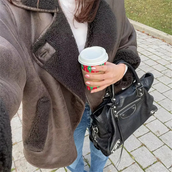 Stylish Women's Retro Padded Jacket in Dark Brown Fur and Leather - Sizes Small to Large - Winter Fashion Outerwear