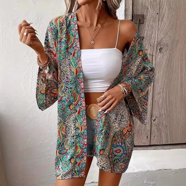Ethnic Floral Print Bohemian Shirt with Unique Button Element