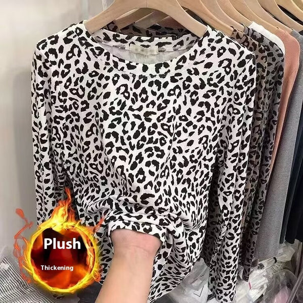 Chic Leopard Print Long Sleeve Top in Khaki - Stylish and Versatile Round Neck Shirt for Women