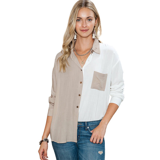 Single Breasted Autumn Fashion Contrasting Lapel Trendy Long Sleeved Women's Shirt