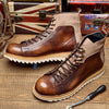 Classic British-Style Leather Boots for Men in Coffee - Stitched Design, Mid-Calf, Medium Heel - Unisex Retro Fashion