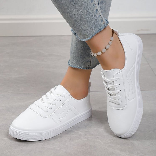 White Lace-Up Flats with Round Toes & Thick Soles, Casual & Trendy Shoes for Women, Comfortable & Durable Platform Footwear.