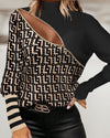 Chic Women's Printed Contrast Zipper Top in Black Princess Sleeves Fashion Pullover.