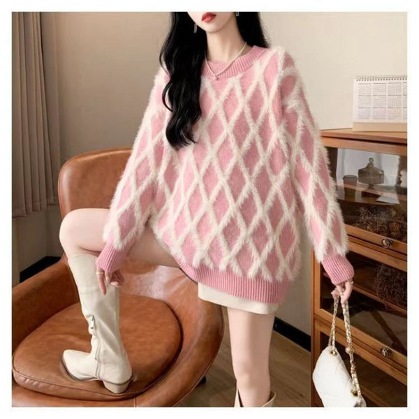 Women's Lazy Sweater in Pink - Design Sense - Long Sleeve Pullover - Plus Size Winter Fashion
