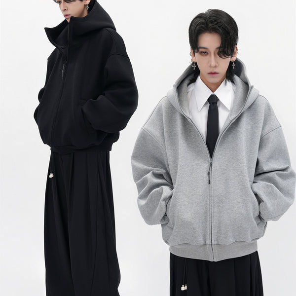 Men's Thickened Hooded Sweater Cardigan - Polyester Coat in Black/Grey