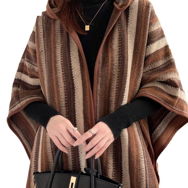Winter Warmth Ethnic Hooded Shawl Cape - Striped Woolen Shawl with Tassels