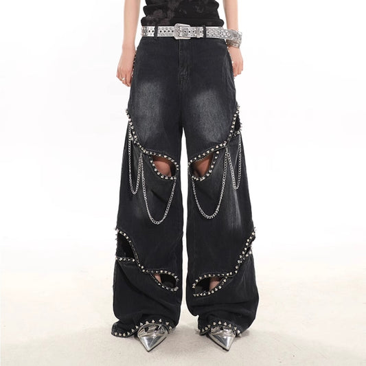 Heavy Industry Metal Rivet Chain Hollow-out Design Jeans