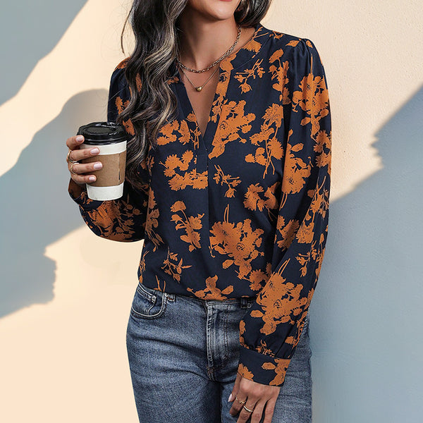 Chic V-Neck Pullover Shirt with Stylish Print, Long Sleeve, Polyester Fabric - Women's Fashion Statement