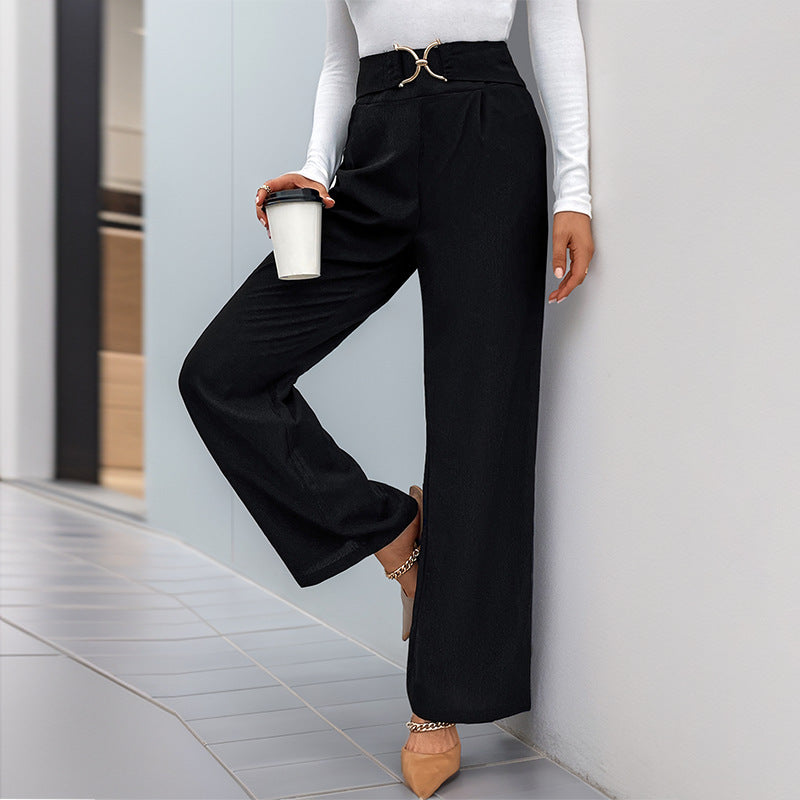 European And American Solid Color With Buckle High Waist Straight Pants