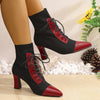 Chic black and red pointed toe lace-up booties with block heel, perfect for all-season fashion and comfort.