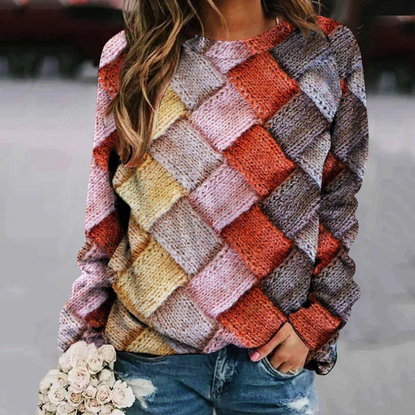 Chic Botanical Print Patchwork Sweater - Women's Long Sleeve Top