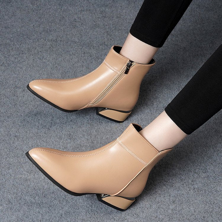 Large Size Thick Heel Short Boots For Women Pointed-toe Side Zip