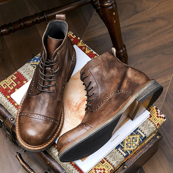 Genuine British-Styled Leather Martin Boots for Men - Brown High-Top Boots with Classic Round Toe Design. Premium Quality and Comfortable.