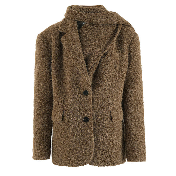 Elegant Woolen Women's Jacket with Detachable Scarf Collar, Maillard Design, Full Sleeve Coat - American and European Style Fashion Coat