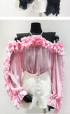 Flirty Off-Shoulder Chiffon Top in Lantern Sleeve Design, Various Colors - Women's Fashion.