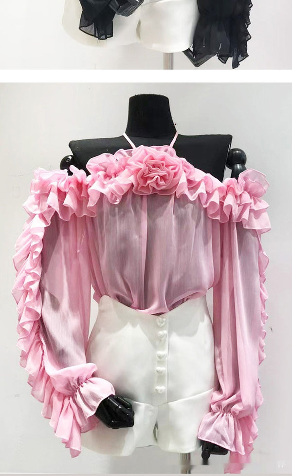 Flirty Off-Shoulder Chiffon Top in Lantern Sleeve Design, Various Colors - Women's Fashion.