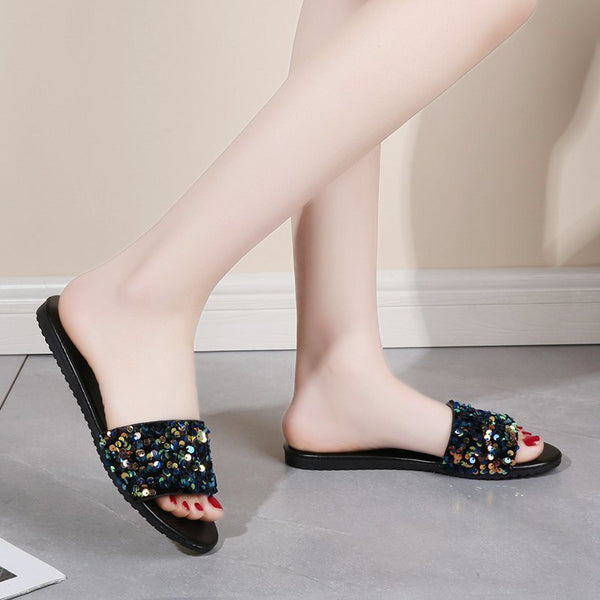 Sequined Flat Slippers for Women - Glamorous, Comfortable, Lightweight, Plus Size - Beach, Shopping, Leisure - Size 35-43