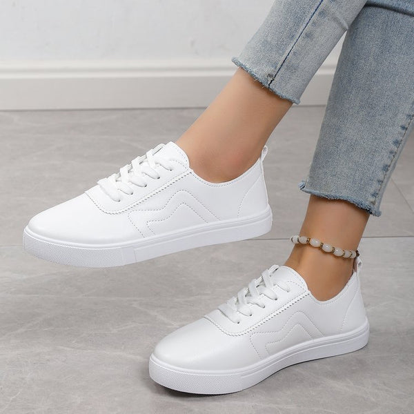 Comfy White Lace-Up Flats with Round Toes - Trendy and Durable Women's Shoes