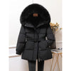 Chic Mid-Length Fur Collar Down Jacket in Black - Women's Winter Fashion.