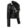 Bold Graffiti-Style Punk Rock Leather Jacket in Black with Rivets and Bead Embellishments