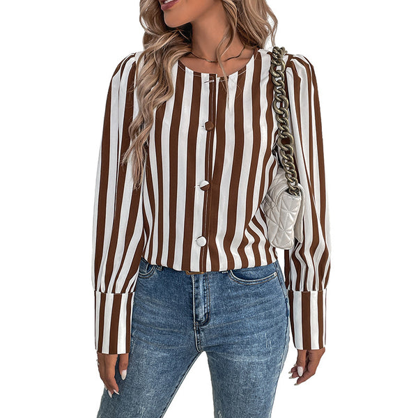 Elegant Brown Striped V-Neck Cardigan for Women - Warm, Chic, and Comfortable Stripe Pattern, Long Sleeve, Polyester Material