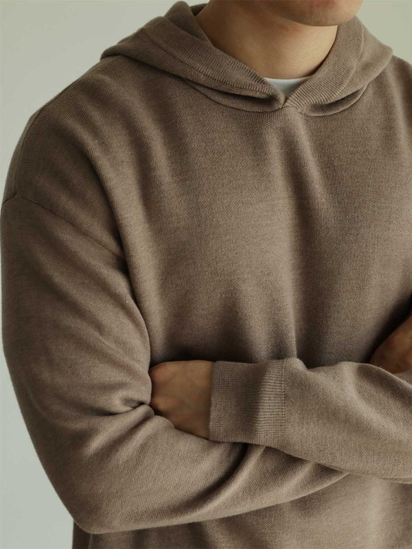 Men's Retro Hooded Sweater in Camel and Gray Melange - Knitwear Collection