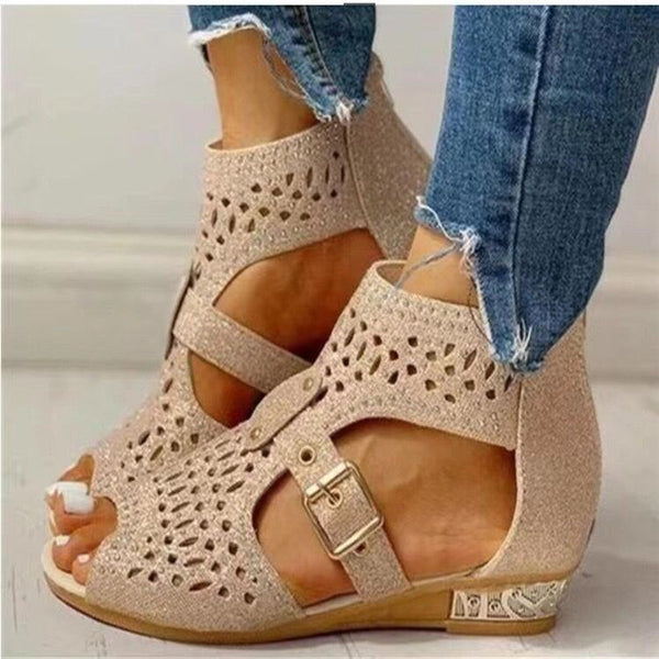 Women's Rhinestone Wedge Sandals in Black, Beige, Gold - Stylish and Comfortable with Rhinestone Detail, PVC Material, Zipper Closure - Sizes 36-43