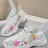 Feminine Floral Print Sports Shoes for Women - Plus Sizes, Mesh Fabric, Flat Sole - Trendy, Comfortable Athletic Footwear for Women.