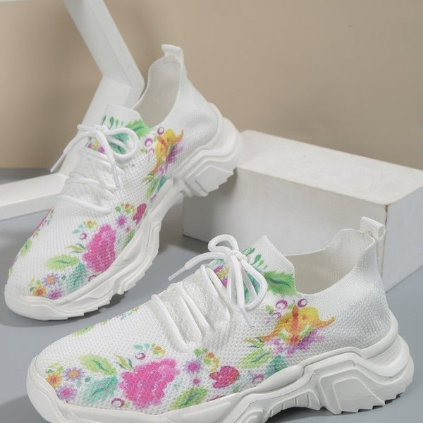 Feminine Floral Print Sports Shoes for Women - Plus Sizes, Mesh Fabric, Flat Sole - Trendy, Comfortable Athletic Footwear for Women.