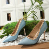 Peacock blue pearl studded heels, chic mid-height pumps with pointed toe, perfect for stylish events and parties.