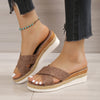 Plus Size Platform Wedges: Cross Belt Peep-Toe Slipper in Black - Comfortable Slip-on with Stylish Fish Mouth Toe Holder. Shop Now!