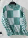 Autumn Color Block Plaid Sweater, Khaki, Long-Sleeve - Women's Polyester Pullover, Slim Fit Style - Chic Winter Fashion.