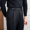 Men's Warm Herringbone Thermal Pants in Black, Wool-Polyester Blend, Mid-High Waist Design, Winter Wear