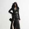 Slim-Fit Black Suede Overcoat with Ruffle Detail | Women's Fashion
