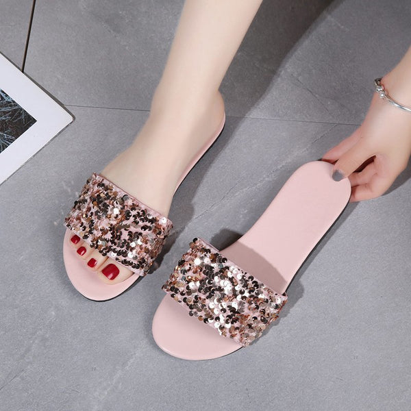 Glamorous Sequined Women's Slippers - Lightweight Synthetic Footwear with Sequin Detailing in Plus Sizes