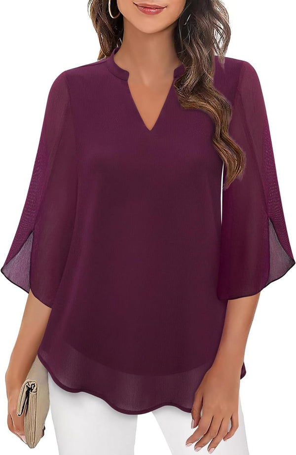 Radiant Petal-Sleeve Chiffon Top in Royal Blue for Women, Loose Fit V-neck Blouse with 3D Effect, S-XXL Sizes