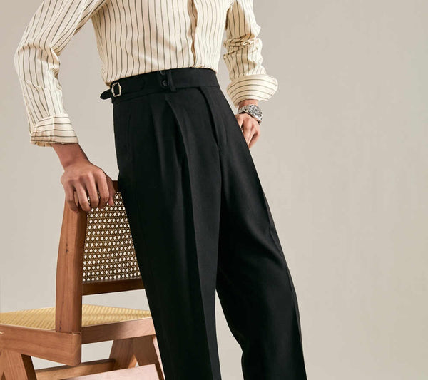 Chic Paris Buckle Suit Trousers in TR fabric, adjustable business-style fit, men's formal wear, straight pant, non-iron, US sizing.