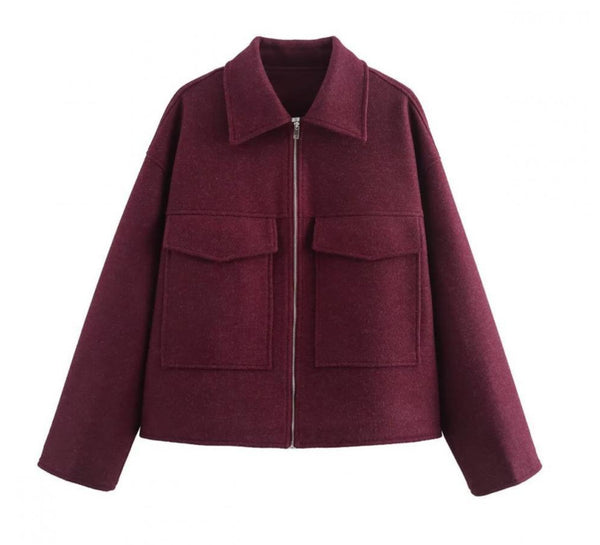 Chic Women's Retro Polo Collar Coat in Wine Red