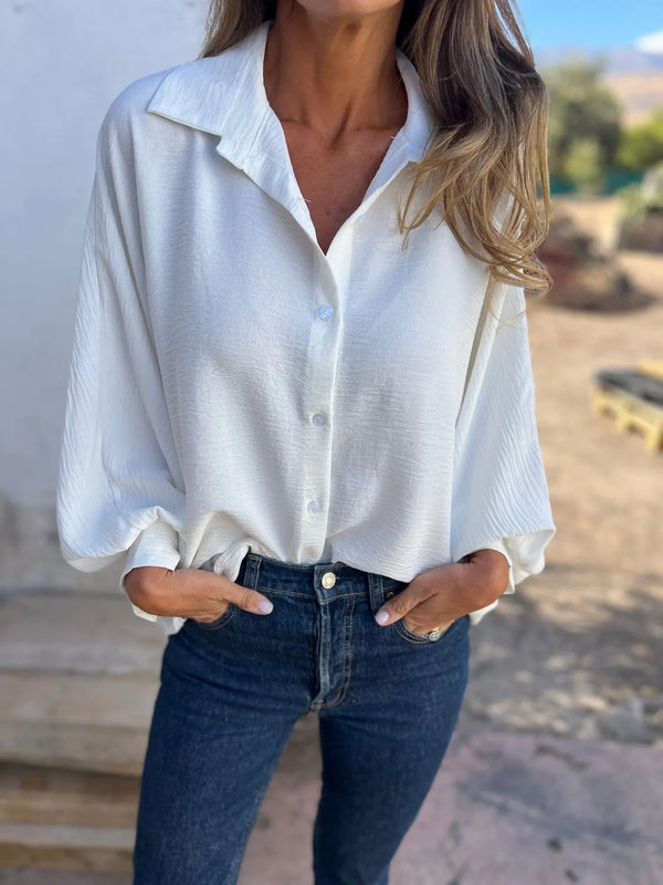 Trendy Women's Button-Up Top in Vibrant Colors with Lantern Sleeves