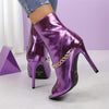 Glossy pink stiletto pumps with back zipper, stylish ankle boots for parties and formal events, slip-resistant sole.