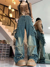 Vintage Star Design High-Waist Slim-Fit Jeans in Dark Blue Distressed Style