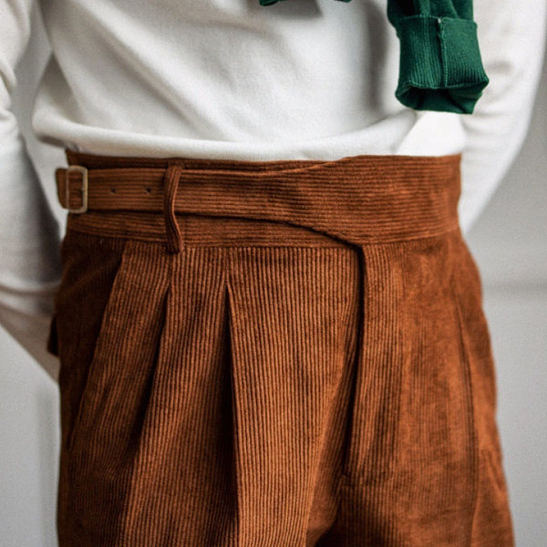Men's High-Waist Corduroy Casual Pants in Milky White, Brown, or Sapphire Blue - Straight-Leg Style for Youth Fashion.
