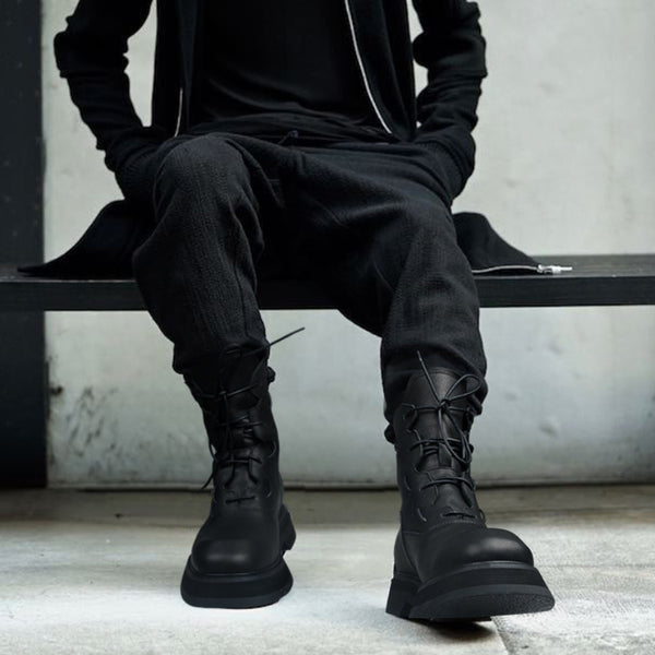 Trendy Men's Mid-Top Leather Platform Boots in Black - Fashionable, Comfortable, and Versatile Men's PU Leather Boots.