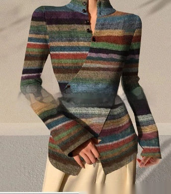 Chic Striped Pullover Top with Stand Collar & Cross Hem, Slim Fit Style & Button Detail