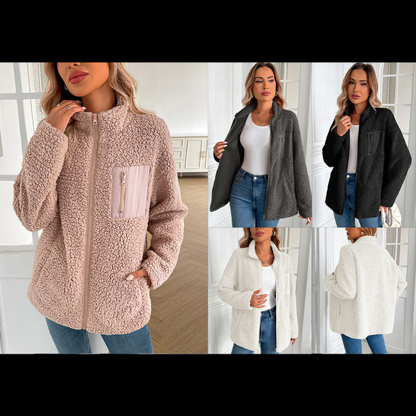 Women's Warm Fleece Coat - Elegant Autumn/Winter Style - Cashmere/Polyester Blend - Pink/Grey/Black/White - S to XXL Sizes