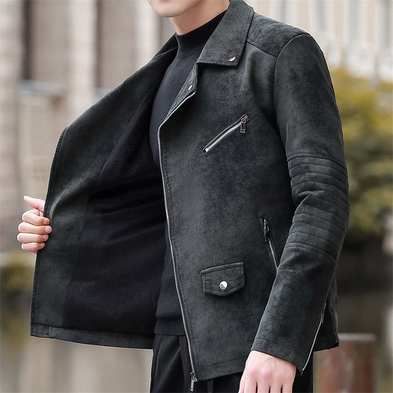 Luxurious Men's Velvet-Padded Leather Coat - Black Front View