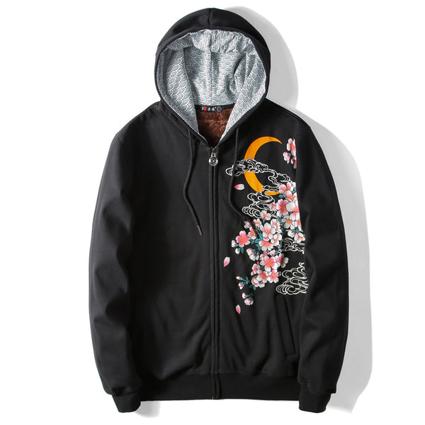 Premium Koi Fish Embroidered Hoodie Cardigan in Classic Black - Comfort Fit - Asian Style - Sizes M to 3XL